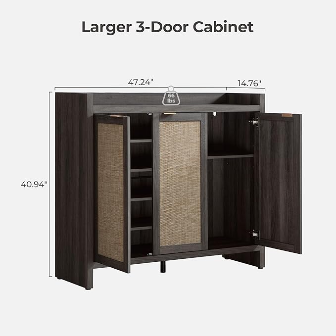 SICOTAS Shoe Storage Cabinet, 30 Pairs Rattan Shoe Cabinet Storage for Entryway, 6-Tier 41" Tall Large Shoe Cabinet, Boho Farmhouse Cabinet with Doors for Entryway Hallway Living Room, Black Oak