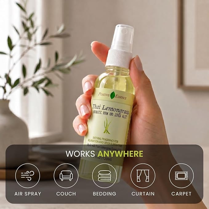 Thai Lemongrass Linen and Room Spray, Natural Air Freshener Made with Pure Lemongrass Essential Oil, Bathroom Air Freshener or Calming Pillow Spray