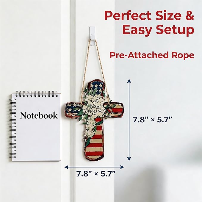 YOYAI Wooden Wall Cross Decor Patriotic Door Hanger Memorial Day Decorations 4th of July Wooden Welcome Wreath for Front Door, Independence Day Decorations - Wooden Cross Outdoor Door Hanger for Porch, Wall, Window