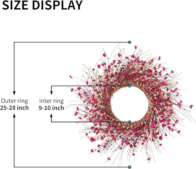 26 Inch Pink Wildflower Wreath with Berries - Handmade Spring Summer Easter Decoration for Front Door, Wall, Fireplace, Wedding, Party - Indoor/Outdoor Use (Rose Red)