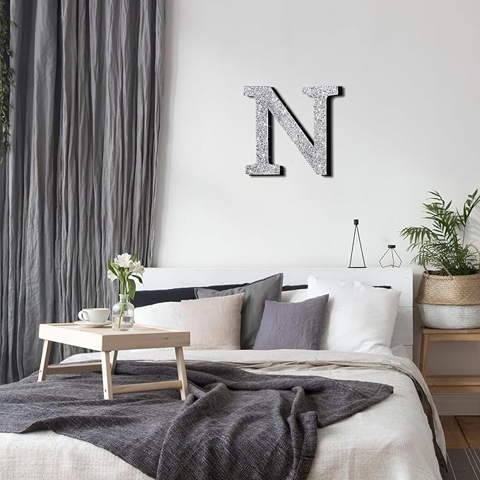 Qunclay 8'' Silver Crystal Diamond Bling Letters Crushed Diamond Decoration Wooden Glitter Letter with Screw and Hooks Rhinestone Gift for Wedding Y2k Mcbling Bedroom Wall Decor (Letter N)