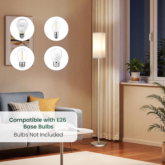 64.6" Floor Lamp, Pole with Foot Switch, Modern Standing Lamp Lamp, Minimalist Freestanding Lamp (Bulb Not Included), for Living Room, Bedroom Office ETL Listed, Silver and White SCW07LD05