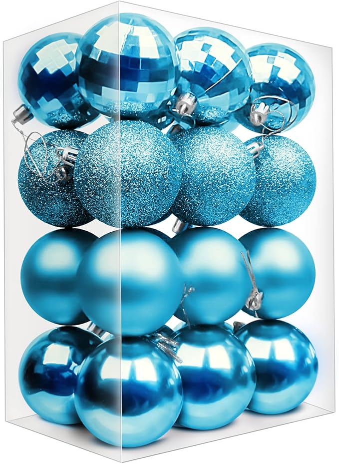 Emopeak 24Pcs Christmas Balls Ornaments for Xmas Christmas Tree - 4 Style Shatterproof Christmas Tree Decorations Hanging Ball for Holiday Wedding Party Decoration (Teal Blue, 2.4"/6.2CM)