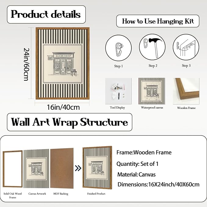 Vintage Striped Bookshop Wall Art, Retro Black and White Pictures Wall Decor College Minimalist Canvas Prints Paintings for Bathroom Bedroom Living Room 16x24 inch Framed