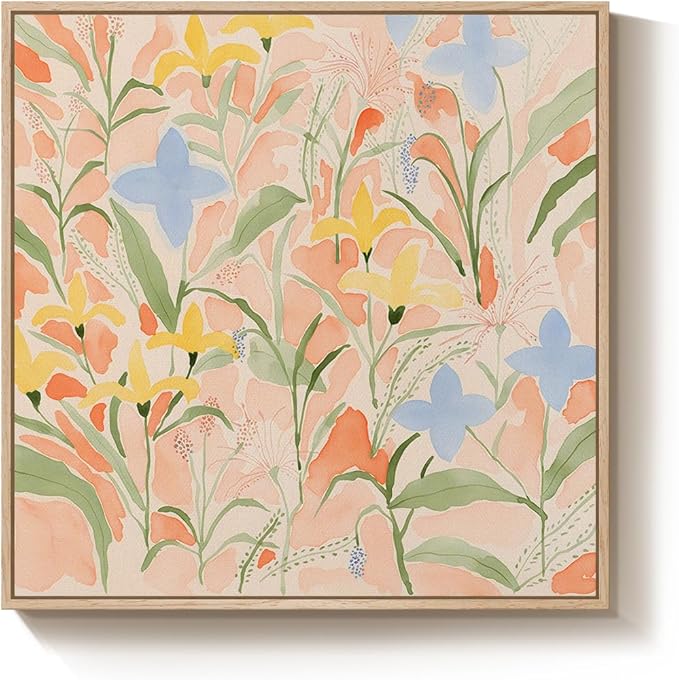 Framed Square Boho Abstract Floral Wall Art for Living room, Neutral Flower Watercolor Painting Print Canvas Artwork for Walls, Pastel Bohemian Botanical Wall Decor for Bedroom Home Office, 24x24 Inch
