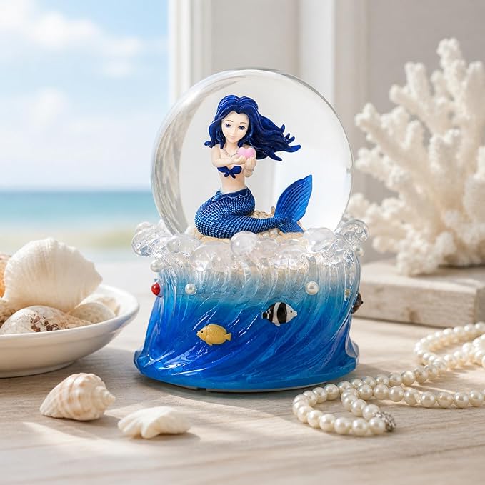 Mermaid Snow Globe Music Box with Light, Plays You are My Sunshine, Blue Ocean Musical Snow Globe Gift for Women, Wife, Girlfriend, Daughter, Mom, Birthday Anniversary Christmas Decor