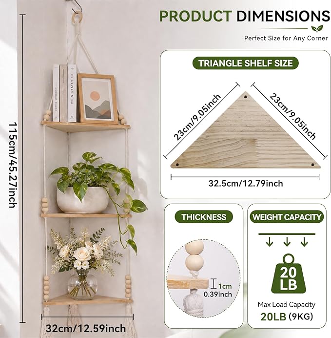 Artilady Macrame Corner Shelf Wall Hanging 3-Tier, Adjustable Boho Wood Plant Shelves Display for Indoor Candle Holder, Bedroom Living Room Home Decor (Beige 3-Tier)