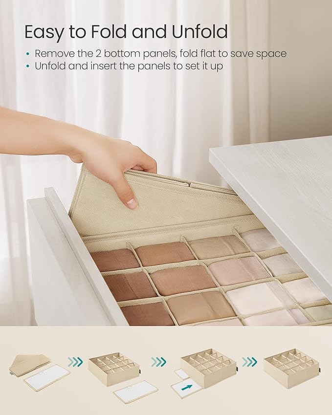 SONGMICS Set of 4 Drawer Organizers, Closet Organizers for Underwear, 80 Cells, Foldable Sock Holders, 11.8 x 11.8 x 3.9 Inches, for Storing Socks, Ties, Belts, Sand Beige URUS011K01
