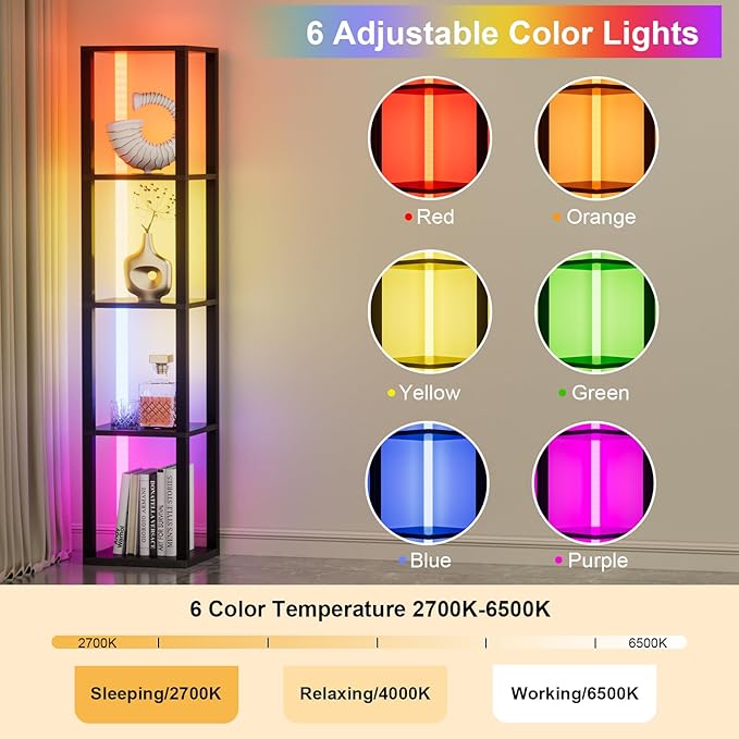 VILICK Corners Shelf with Light 5 Tier Tall Standing Shelf Dimmable Corner Floor Lamp with Shelves LED Corner Bookshelf Display Cabinet Shelf for Living Room, Bedroom, Home Decor