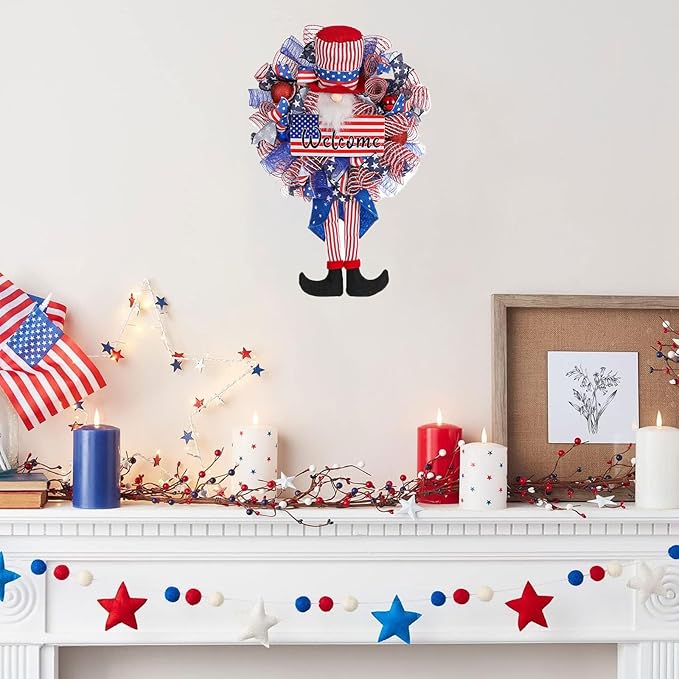 Patriotic Wreath for Front Door Red White Blue Wreath 4th of July Wreaths for Door Wall Memorial Day Decor Independence Day Hanging Decoration for Outside Home Farmhouse Holiday (Long-Legged hat)