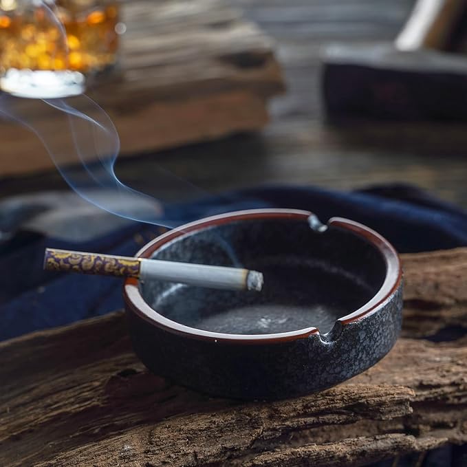 Ceramic Ashtray Stylish Indoor & Outdoor Cigarette Ashtray for Home, Coffee Bars, and Patios，Lava Dazzling Black