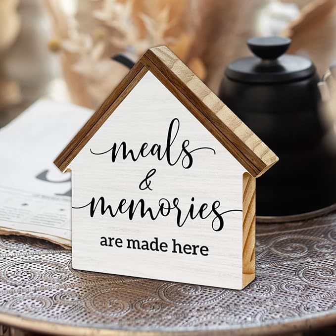 Farmhouse Kitchen Decor, Meals and Memories are Made Here House Shaped Wooden Block Sign, Rustic Dining Room Kitchen Decor for Desk Table Shelf