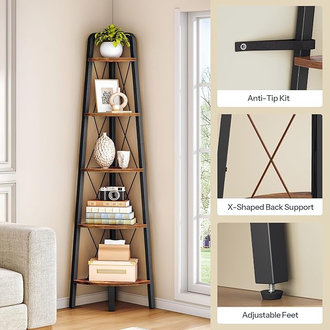 HOOBRO Corner Shelf, 5-Tier Corner Shelf Stand, 66.9” Tall Ladder Bookshelf, Industrial Corner Display Shelf Plant Stand for Living Room, Kitchen, Home Office, Rustic Brown BF145CJ01