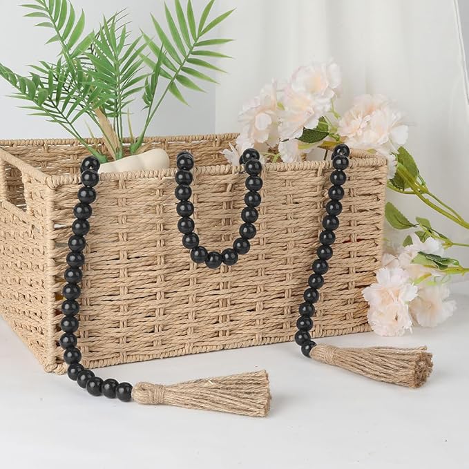 Wood Bead Garland 58 Inch Black Wooden Beads for Boho Farmhouse Table Home Decor with Tassel, Wooden Prayer Bead, Rustic Country Boho Wall Hanging Decor for Kitchen Modern Living Room Tray Vase Shelf