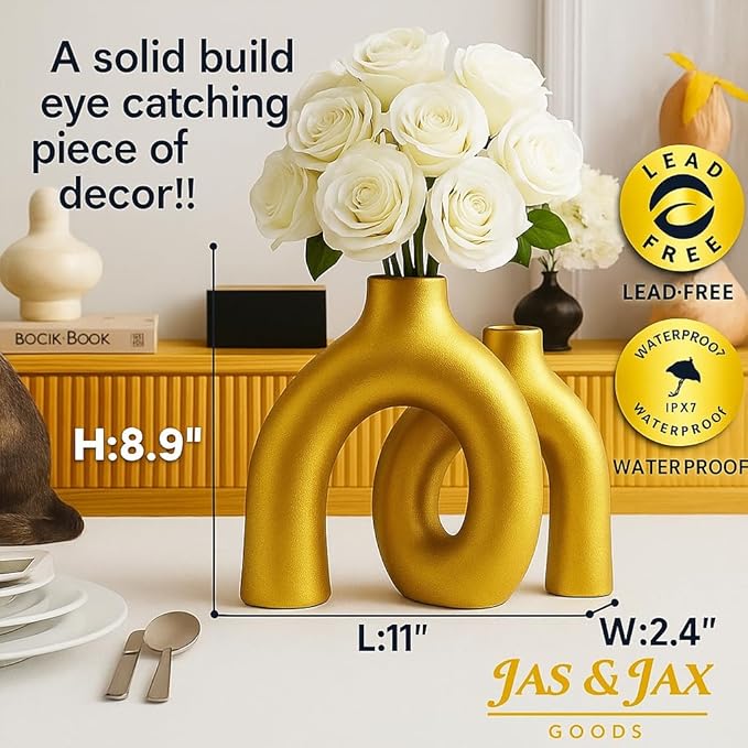 Gold Ceramic Vase Set - Modern Hug Donut Ceramic Vases by JAS & JAX GOODS, Minimalistic Nordic Home Decor Centerpiece for Console Tables, Living Room, Bookshelf, or Fireplace Mantel