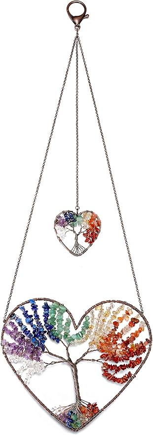 JOVIVI Double Heart Tree of Life Hanging Ornament 7 Chakra Reiki Healing Crystals Stones Gemstone Meditation Window Wall Hanger for Feng Shui Yoga Home Indoor Decor