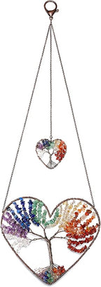 JOVIVI Double Heart Tree of Life Hanging Ornament 7 Chakra Reiki Healing Crystals Stones Gemstone Meditation Window Wall Hanger for Feng Shui Yoga Home Indoor Decor