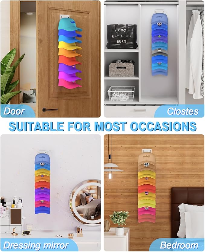 2 Pack Hat Organizer for Baseball Caps, Strong Adhesive Hat Rack for Wall, Multilayer Hat Storage Display Holder, Wall Mounted Hats Hooks Hold up to 18 Hats for Closet Door and Bedroom (White)