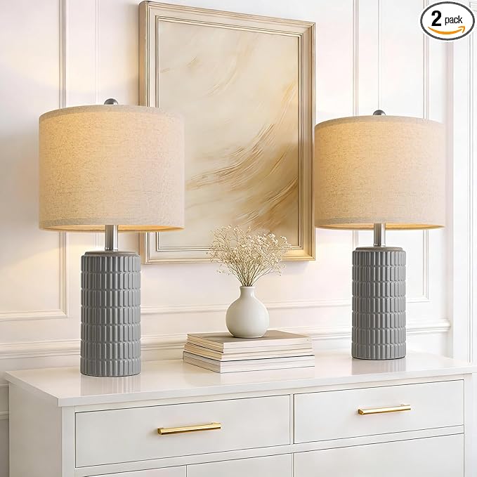 PoKat 20.75'' Ceramic Small Table Lamps for Bedroom, Modern Dark Gray Bedside Lamps Set of 2, Farmhouse Lamps for Living Room with Linen Lampshade for Night Stands Guest Room Side End Table Console