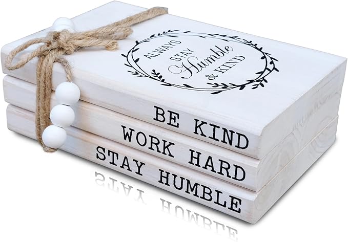 LIVDUCOT Wooden Decorative Books for Home Decor, White Faux Books for Rustic Decoration, Farmhouse Stacked Book Decor for Living Room, Entryway, Bookshelf （Be Kind Work Hard Stay Humble）