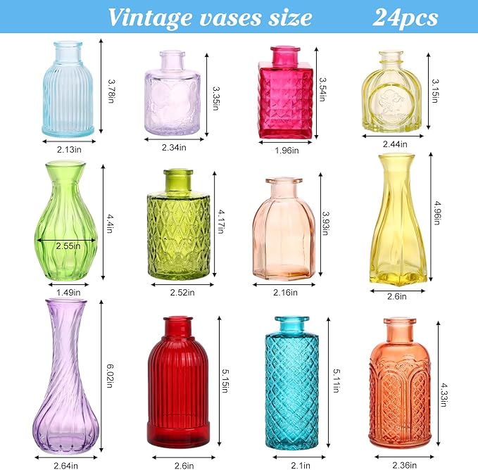 24 Pack Colorful Glass Bud Vase Set, Small Colored Vintage Vases for Centerpieces, Decorative Flower Vases for Wedding Home Table Decor