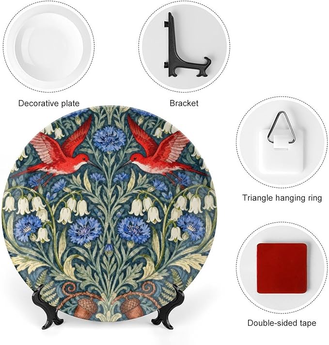 William Morris Forest Wildflower And Birds Fashion Plates Decor for Festival Table Office Customize Halloween Idea Gifts Ceramic Salad Plates Including Bracket And Special Hook, Multi Sizes