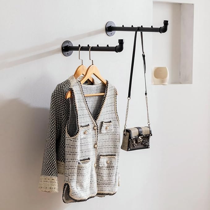 Industrial Wall Pipe Clothes Bar - Heavy Duty Metal Coat Hanger with Hook, Wall-Mounted Garment Holder Racks,Wall Clothing Racks/Hanging Rail, 6Pcs