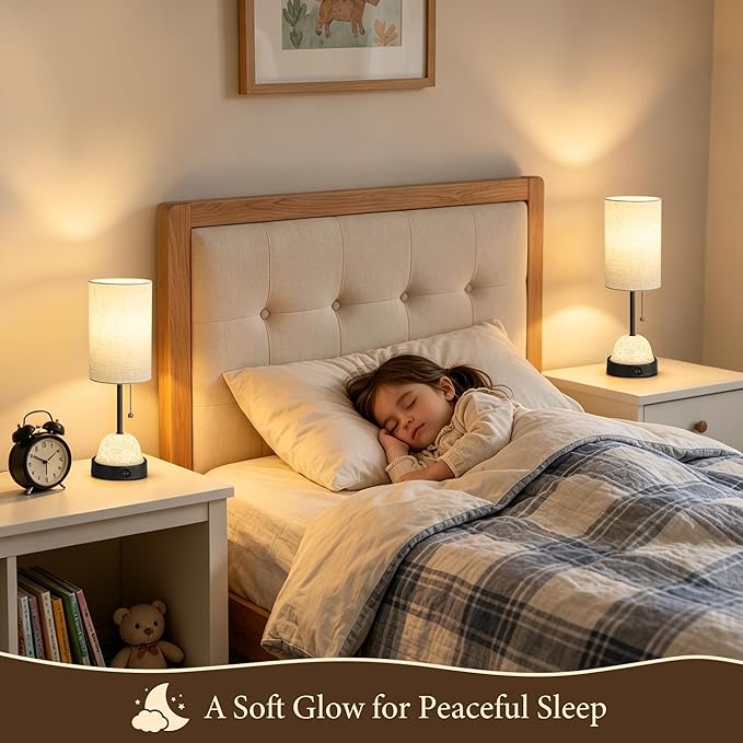 SIBRILLE Table Lamp for Bedroom, Dual Light Nightstand Lamp with Fabric Shade & Ceramic Carved Night Light Base, Individual Controls Bedside Lamp for Living Room, 8W LED Bulb Included