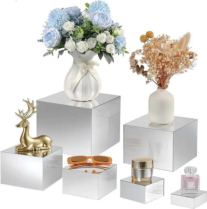 Geelin 6 Pack Acrylic Risers for Display Acrylic Cube Boxes Risers Display Stands with Hollow Bottoms Decorative Stand for Jewelry Candy Table Decor 6 Sizes(Silver,3 to 8 Inch,Square)