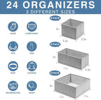 Criusia Drawer Organizer Clothes 24 Pack, Fabric Closet Organizers and Storage Bins for Underwear Sock, Odorless Dresser Drawer Dividers for Baby Nursery Organization (Grey)