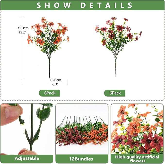 Artificial Flowers for Outdoors 12 Bundles Realistic Faux Silk Flower with Eucalyptus Stem, Fake Plants UV Resistant No Fade for Outside Planter Porch Patio Yard Window Garden Spring Summer Decoration