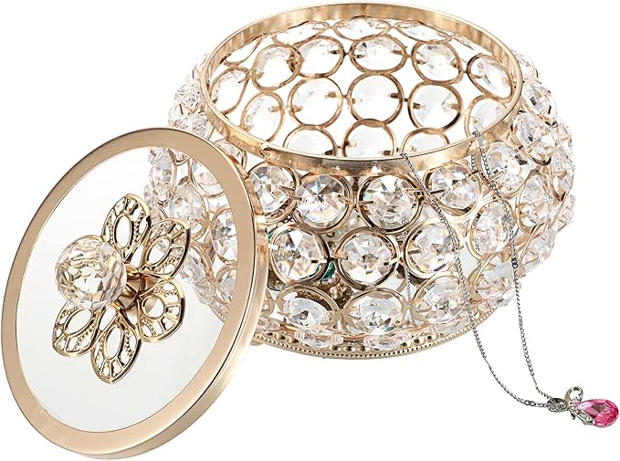 Hipiwe Crystal Jewelry Trinket Box with Glass Lid Gold Mirrored Treasure Box Decorative Jewelry Box Ring Earrings Necklace Storage Keepsake Box Gift for Women