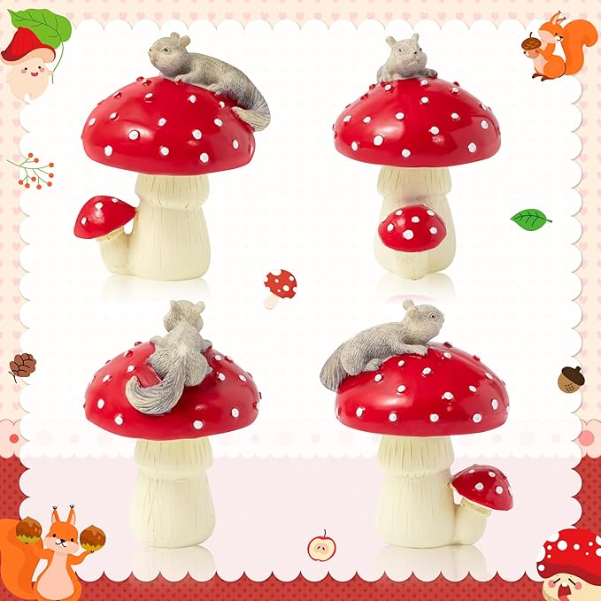 Squirrel Mushroom Resin Statue - Cute Squirrel Mushroom Statue for Desk Living Room Resin Figurine for Home Patio Office Decoration Cute Plant Statues for Tabletop Garden Backyard Decoration