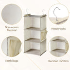 Leinuosen 4 Pack 3 Tier Hanging Closet Organizer Foldable 3 Shelf Closet Hanging Shelves with Side Pockets and Sturdy Hooks for Wardrobe Rv Nursery Small Closets Natural Beige
