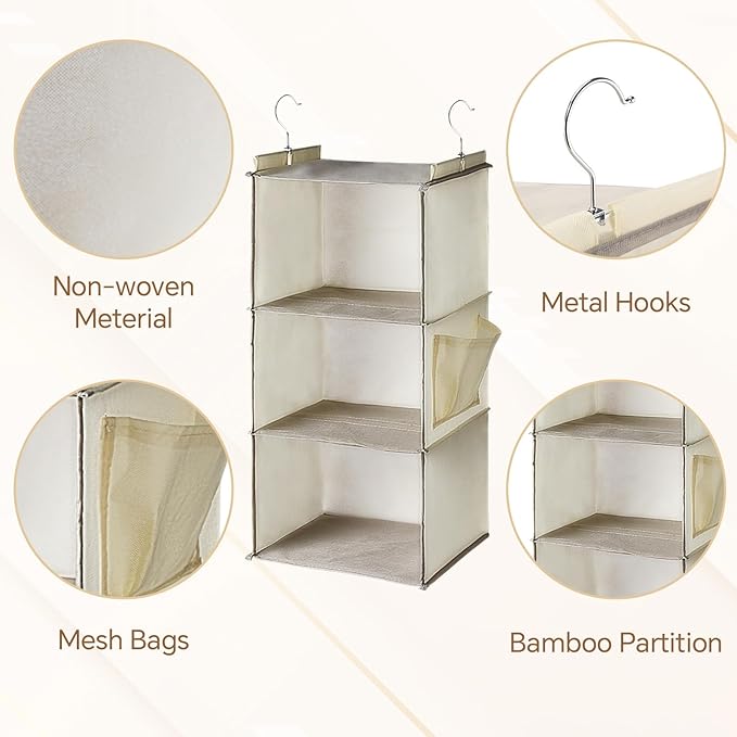 Leinuosen 4 Pack 3 Tier Hanging Closet Organizer Foldable 3 Shelf Closet Hanging Shelves with Side Pockets and Sturdy Hooks for Wardrobe Rv Nursery Small Closets Natural Beige