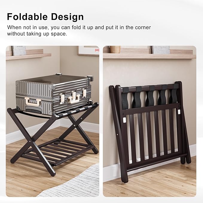 Smuxee Fully Assembled Brown Luggage Rack, Upgraded Bamboo Foldable Suitcase Stand with 5 Nylon Straps, Luggage Holder with Shelf for Guest Room Bedroom Hotel