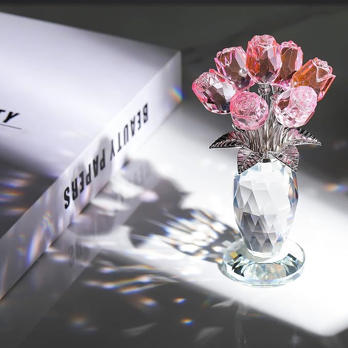 Movdyka Glass Rose Flower Pink Roses Bouquet Home Decor Crystal for Mom Wife Collectible Blown Glass Figurines Desk Ornaments Wedding Decor Romantic Gifts for Women