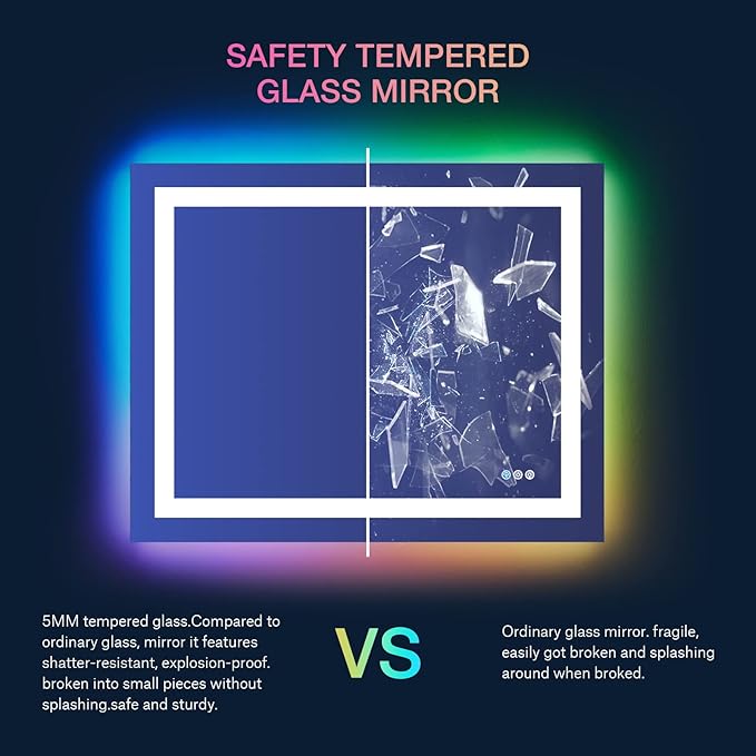 LOAAO 40”X30“ RGB LED Bathroom Mirror with Lights for Bathroom, Anti-Fog, Dimmable，Multiple Light Modes, RGB Backlit + Front Light, Memory Function, Tempered Glass