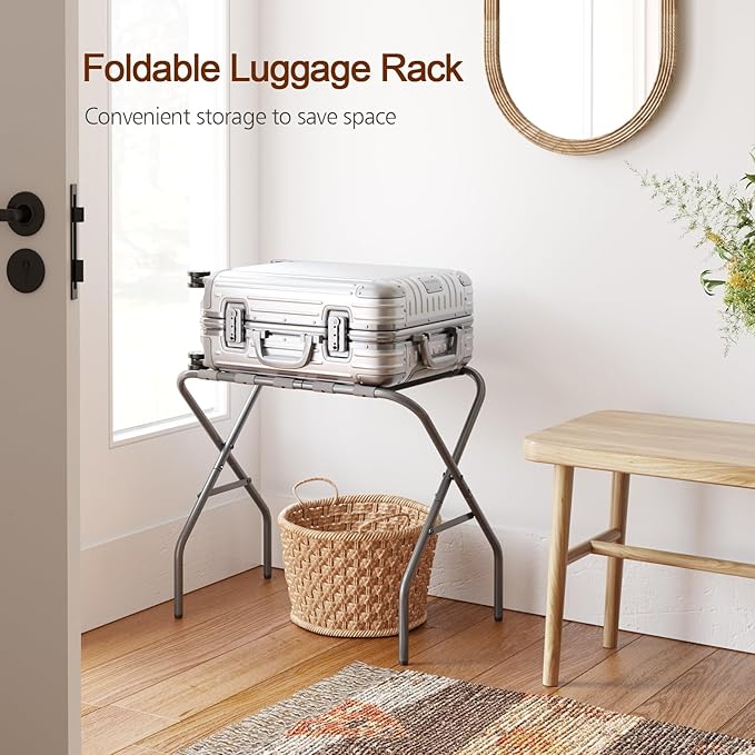 AMHANCIBLE Luggage Rack, Foldable Suitcase Stands Set of 2, Metal Luggage Holder for Guest Room, Bedroom, Hotel, Holds up to 110 lb, Easy Assemble, Grey,HLR01GY