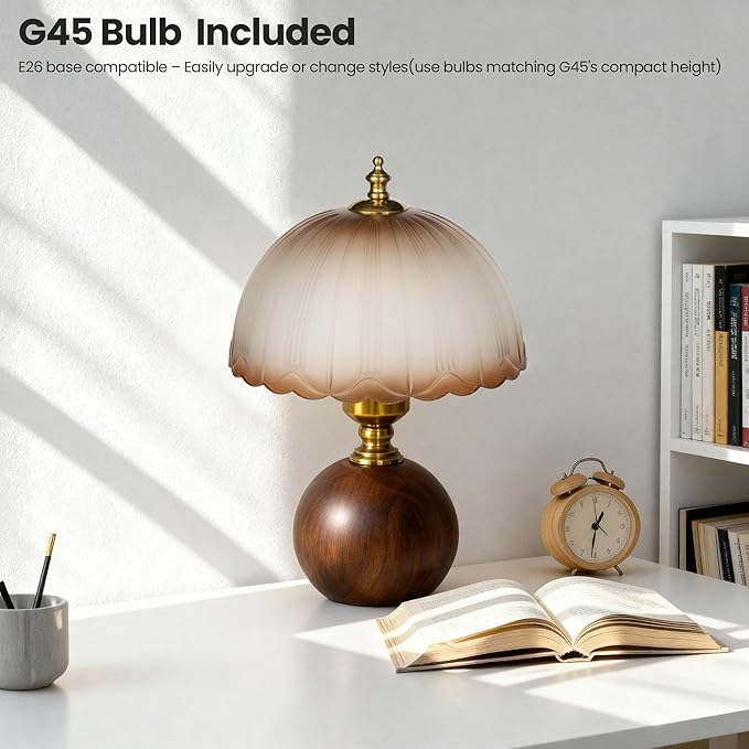 11.8" Decorative Wooden Table Lamp with Frosted Glass Shade, Dimmable Bedside Nightstand Lamp with E26 Socket & 6ft Cord, Small Accent Lamp for Bedroom & Living Room (Gradient)
