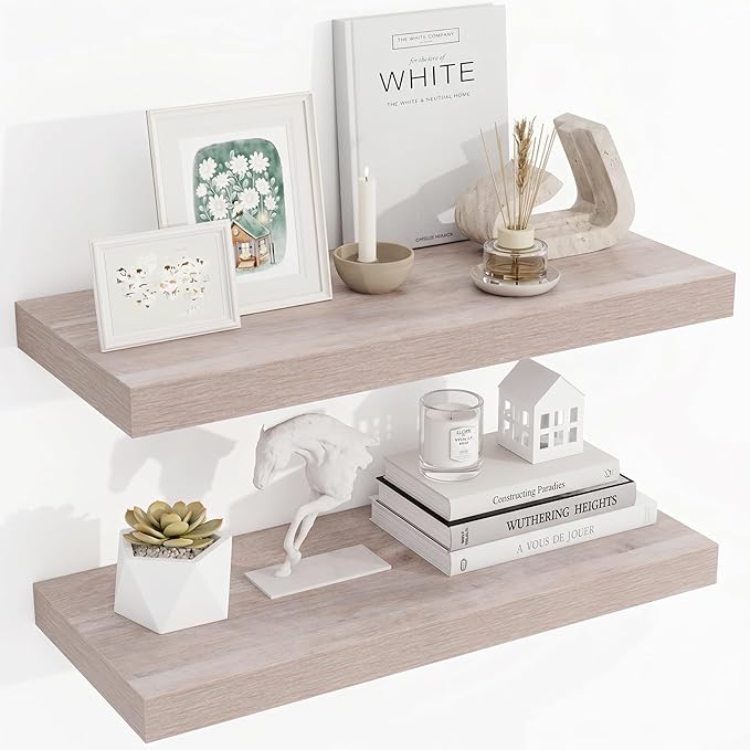 Acovy 24 Inch Floating Shelves, 3D Textured Wood Grain, 24"x9.25"x1.5" Inch Deep Floating Shelves for Wall, Wooden Shelves for Bathroom, Bedroom, Living Room, Washed White, 2 Pieces