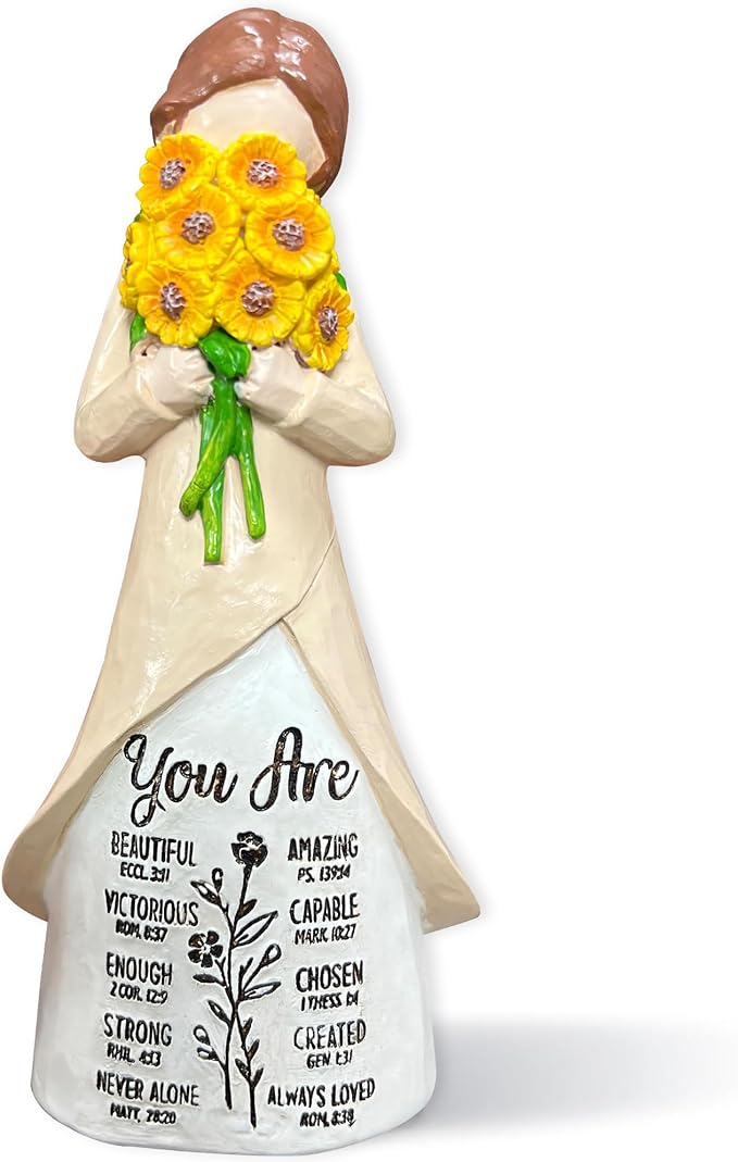 Christian Figurine for Women – “You are” Sunflower Resin Doll with Bible Verses – Hand-Painted Spiritual Statue Decor – Religious Faith Gift for Women – Home & Church Christmas Keepsake