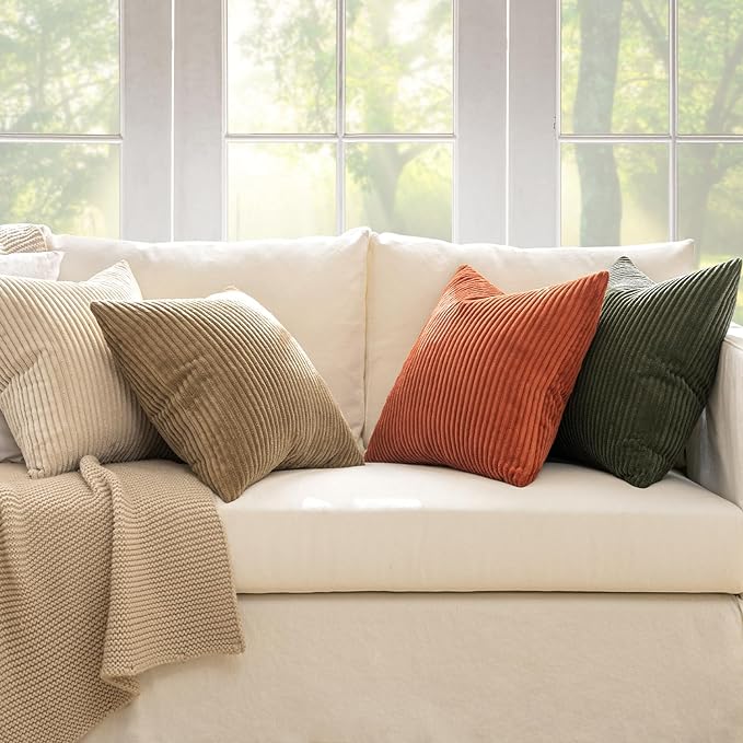 MIULEE Boho Farmhouse Throw Pillow Covers 18x18 Inch Set of 4 Rustic Modern Neutral Cushion Covers Soft Corduroy Nordic Home Decor for Couch Bed Sofa Living Room Rust-Olive Green