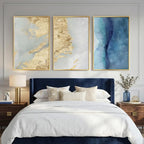 Large Framed Abstract Wall Art for Living Room, Luxury 3 Piece Canvas Blue White and Gold Prints Paintings for Walls, Modern Minimalist Pictures for Dining Bedroom Hallway Office Home Decor 24x36 In