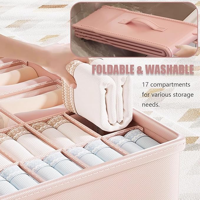 2 Pack Drawer Organizer Dividers with Lid, 17 Cell Underwear Organizer for Closet Organizers and Storage Boxes, Foldable Wardrobe Clothes Storage Bins for Underwear, Socks, Bras, Ties, Lingerie