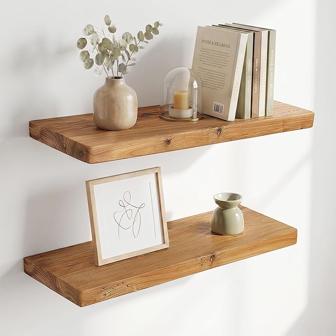 Dreamland 24" Rustic Elm Wood Floating Shelves, 8 Inch Deep Wall Shelves, Wall Mounted Floating Shelf with Invisible Bracket, Heavy-Duty Display Shelf - for Living Room, Kitchen, Bathroom, Set of 2