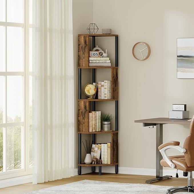 YATINEY 5-Tier Corner Shelf, Industrial Corner Storage Stand, Corner Bookshelf with Metal Frame, Freestanding Corner Shelf Stand for Living Room, Study, Bedroom, Rustic Brown and Black CJ11BR
