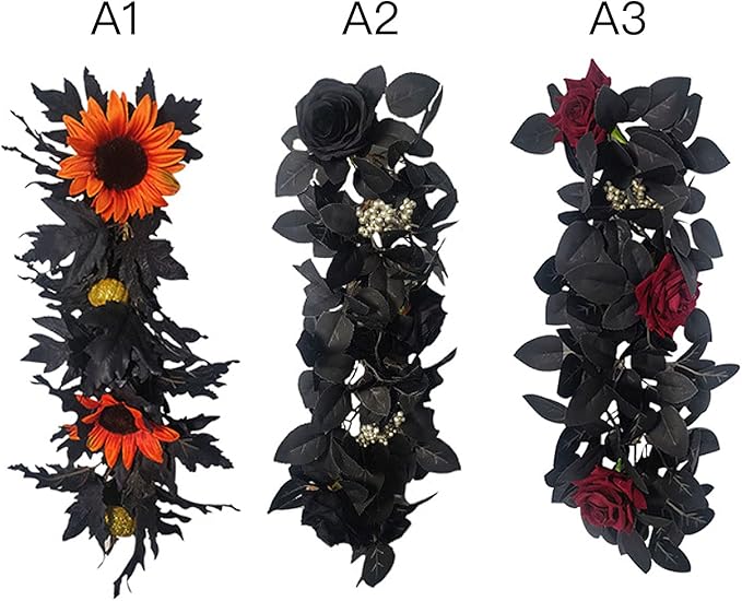 Artificial Rose Flower Swag,Artificial Sunflower Swag, 24 Inch Decorative Swag with Pumpkins Berries and Black Leaves for Halloween Home Front Door Lintel Wedding Arch Party Tabletop Wall Decor(#1)