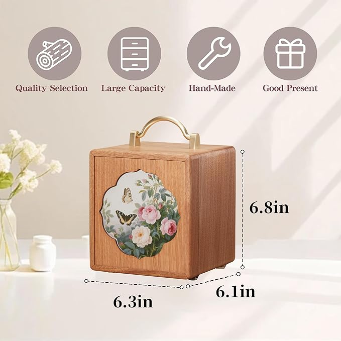 Wooden Jewelry Box for Women 4 Tier Walnut Wooden Jewelry Box with handle (Flower and butterfly prints A)