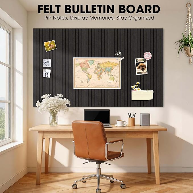 Large Cork Board for Walls 59" x 36",15 Pack 12"X12"Felt Bulletin Board Tiles with 120 Adhesive Tabs,Cork Board Alternative for Office Decor, Push Pin Board Wall Organizer- Black